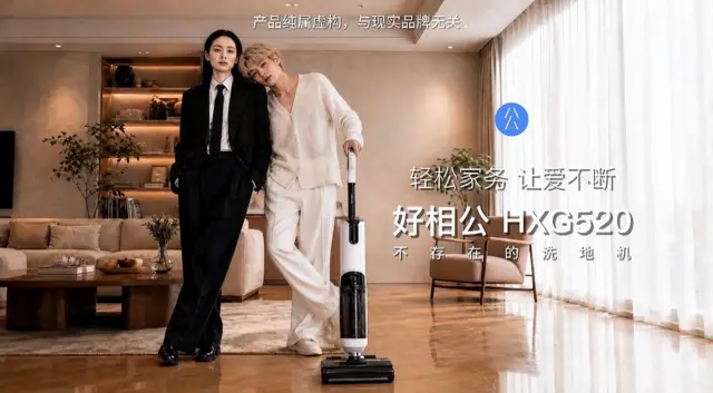 身着家居服的男子依靠在身着西装的女子肩上,手持洗地机