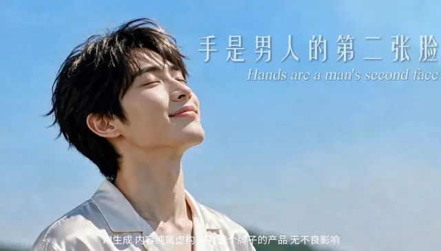 一个男性仰头微笑,广告文字:手是男人的第二张脸